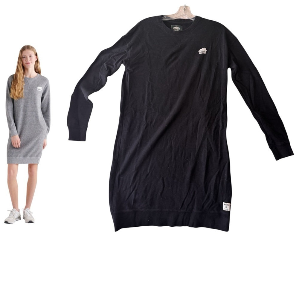 Roots Cotton Long Sleeve Sweat Shirt Crew Dress Lightweight Logo Tunic Black M